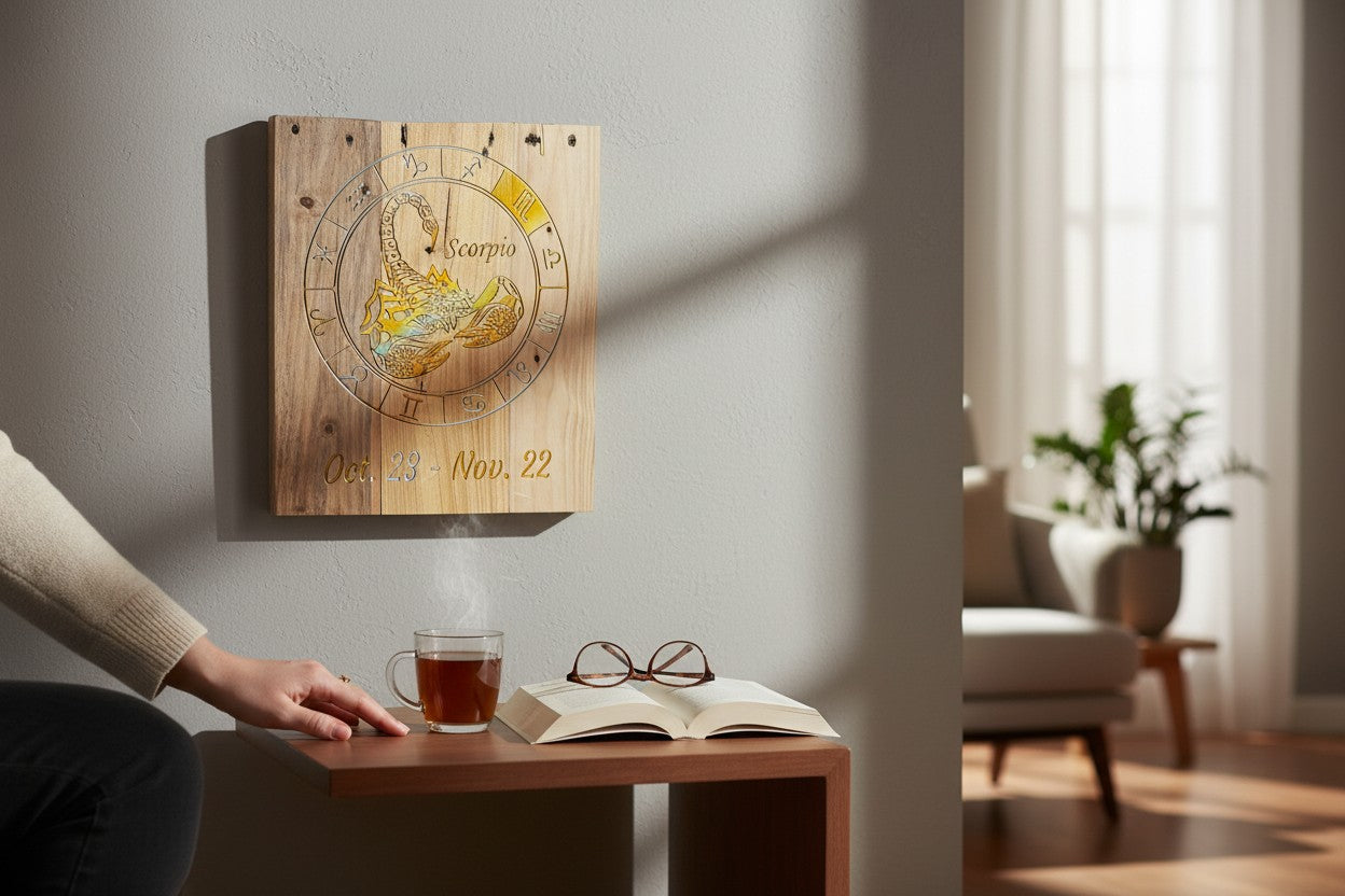 TK Wood Designs Scorpio zodiac sign engraved wooden wall art plaque with scorpion emblem and dates on a grey wall.