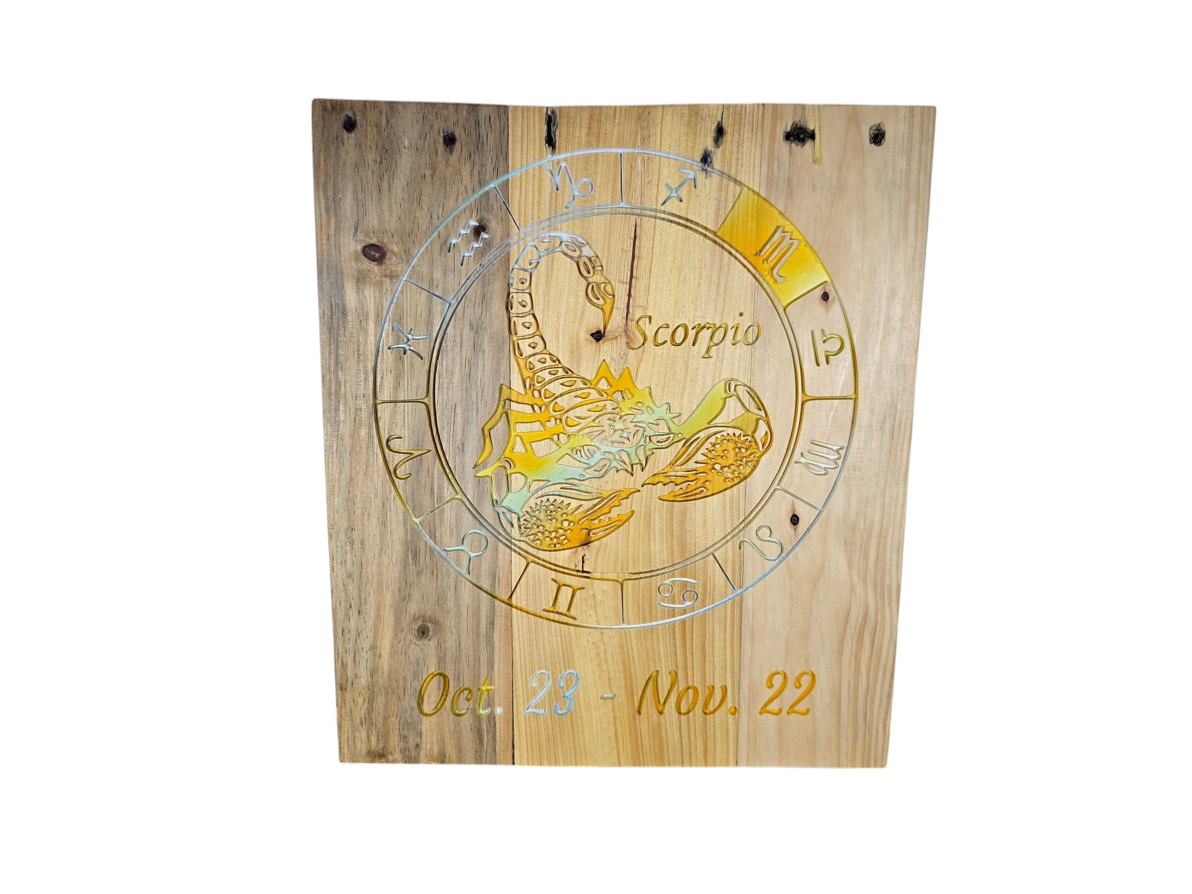 TK Wood Designs Scorpio zodiac sign wall art featuring a laser-engraved scorpion emblem on natural wood grain.