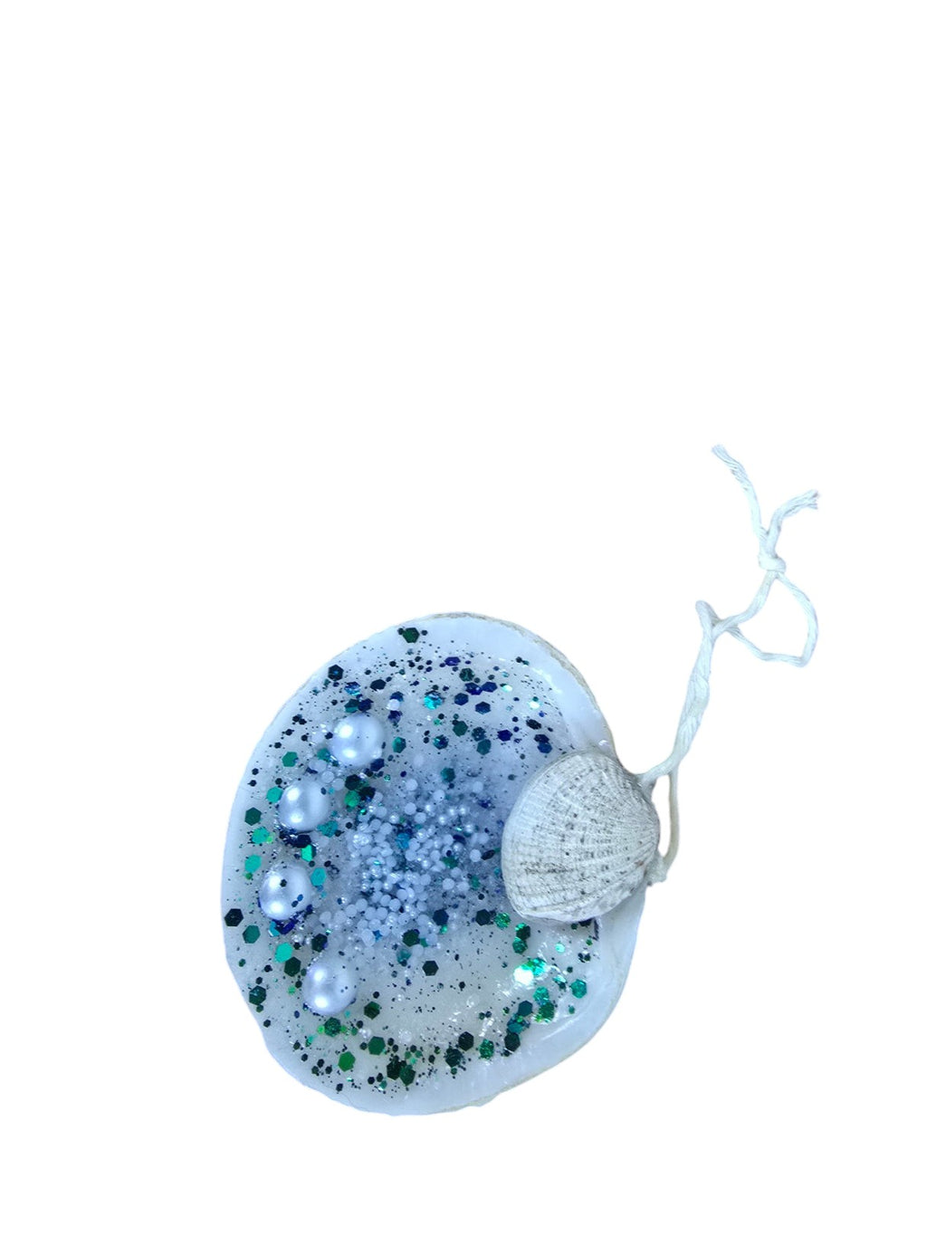 TK Wood Designs decorative seashell ornament with blue and green glitter, faux pearls, and a hanging loop.
