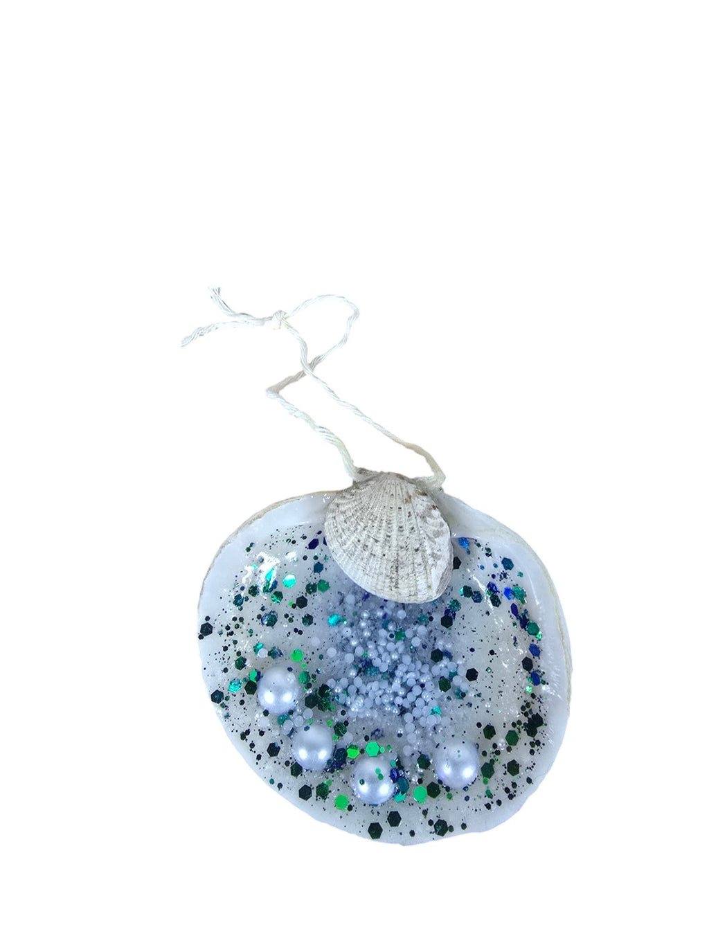 TK Wood Designs decorative seashell ornament with blue and green glitter and faux pearls on a white background