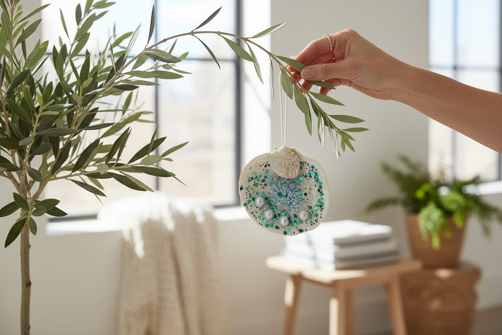 TK Wood Designs decorative seashell ornament with blue and green glitter and faux pearls hanging from an olive branch.