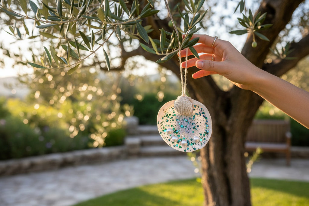 TK Wood Designs decorative seashell hanging ornament with blue and green glitter and faux pearls on an olive tree