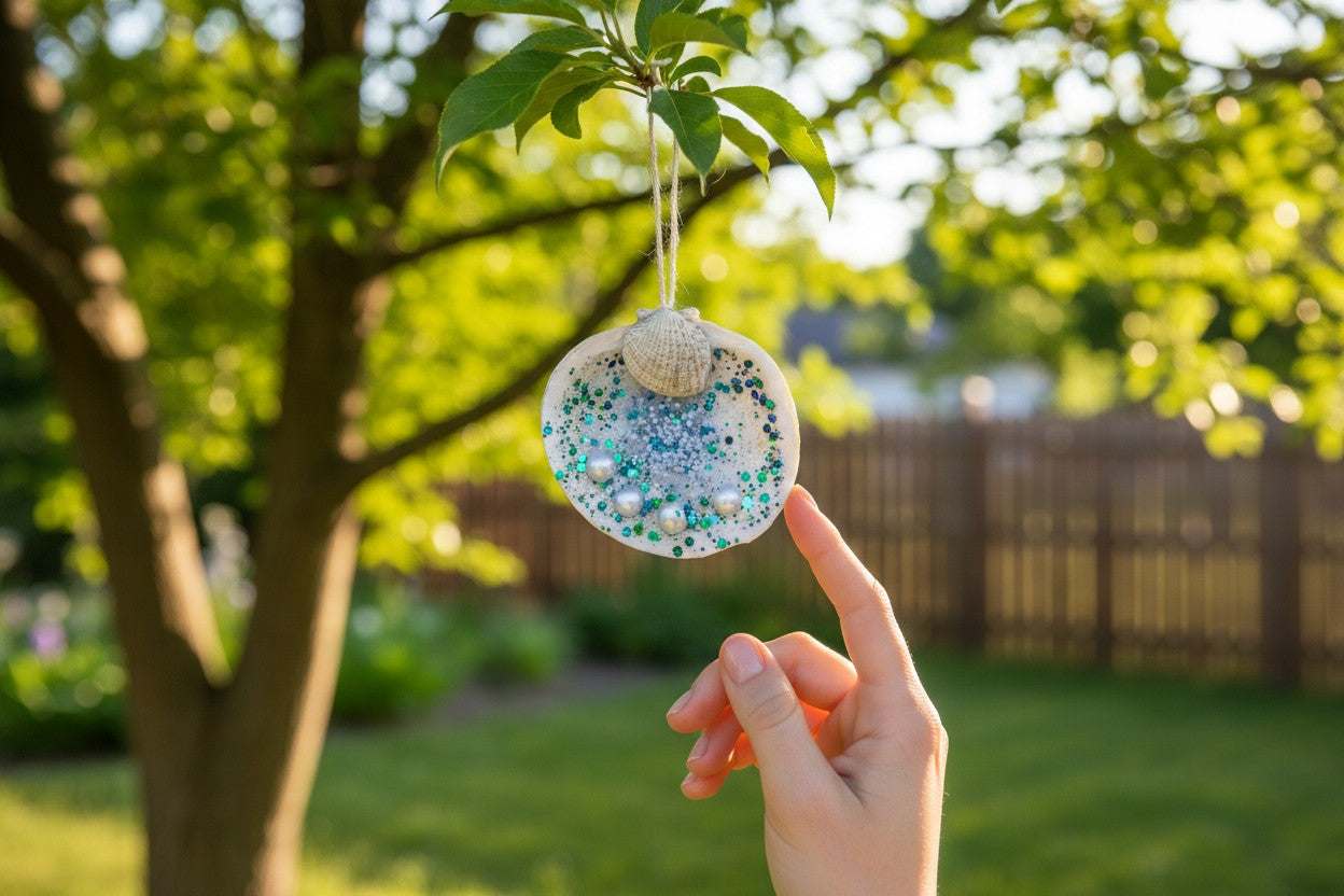 TK Wood Designs decorative seashell ornament with blue and green glitter and faux pearls hanging from a tree branch.