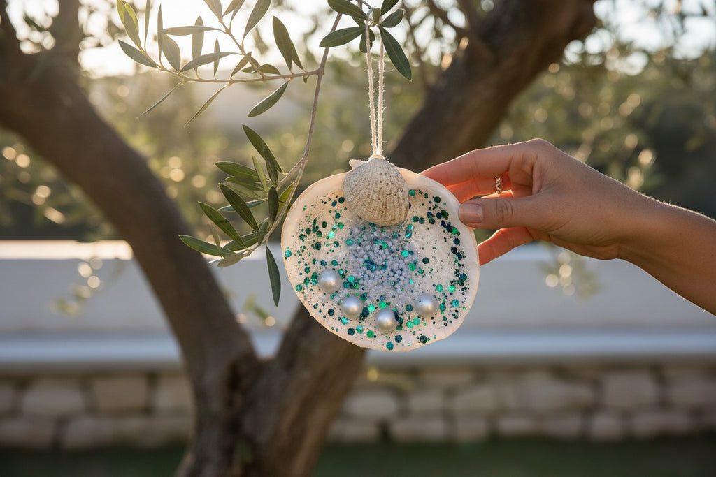 TK Wood Designs decorative seashell ornament with blue and green glitter and faux pearls hanging from an olive tree
