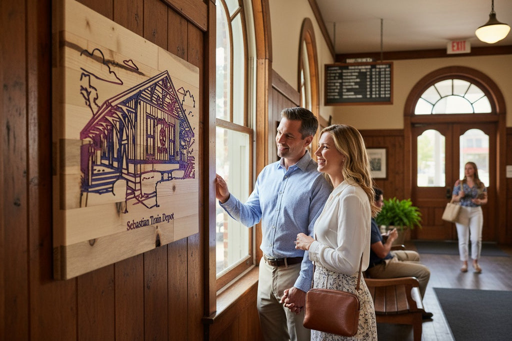 TK Wood Designs wooden sign featuring a line drawing of the Sebastian Train Depot with purple and pink gradient.
