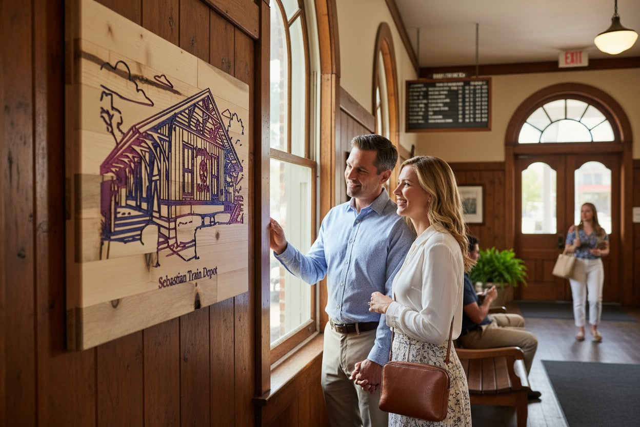 TK Wood Designs wooden sign featuring a line drawing of the Sebastian Train Depot with purple and pink gradient.