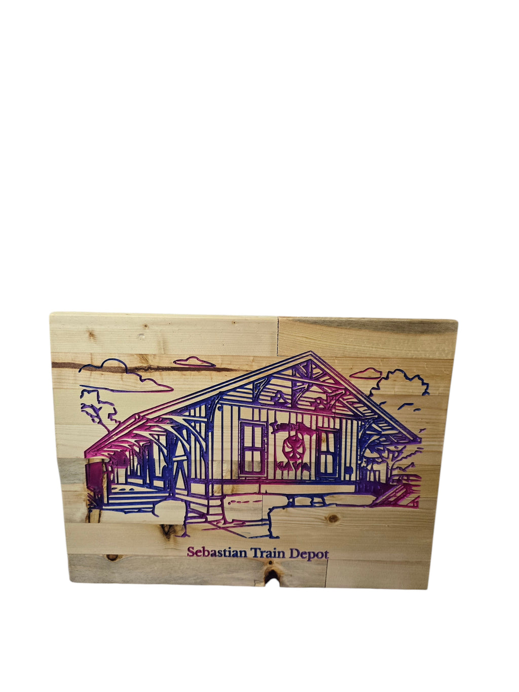 TK Wood Designs Sebastian Train Depot wood wall art with purple and blue accents on natural wood planks.