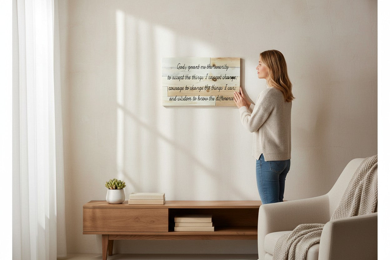 TK Wood Designs Serenity Prayer wood wall art sign with black script on natural wood planks.