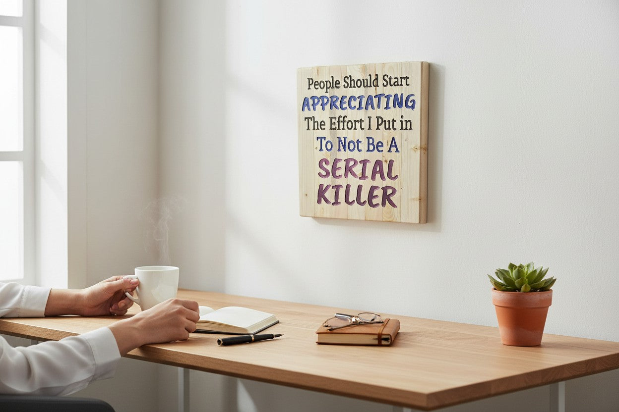 TK Wood Designs wooden sign with carved text: People Should Start APPRECIATING The Effort I Put in To Not Be A SERIAL KILLER.