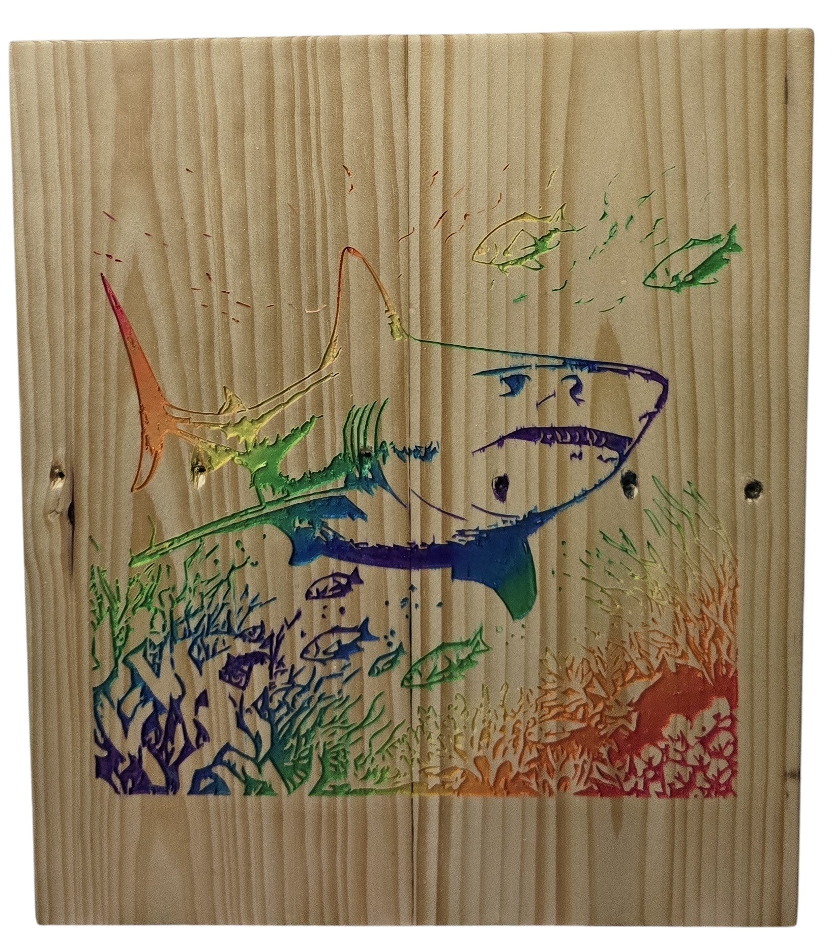 TK Wood Designs rainbow shark attack wood wall art with coral and fish. Natural wood.