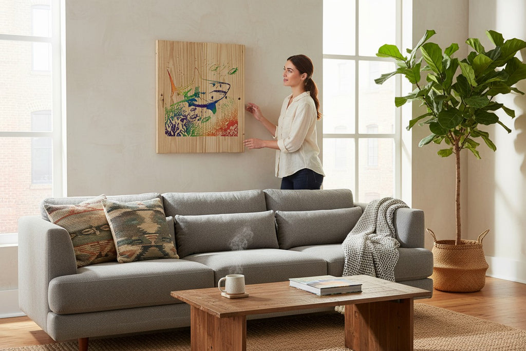 TK Wood Designs wooden wall art featuring a rainbow-colored shark swimming with smaller fish and coral.