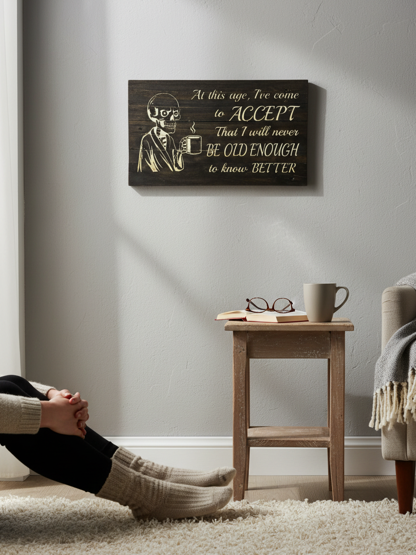 TK Wood Designs rustic wooden wall sign featuring a skeleton with coffee and a humorous quote on a grey wall.