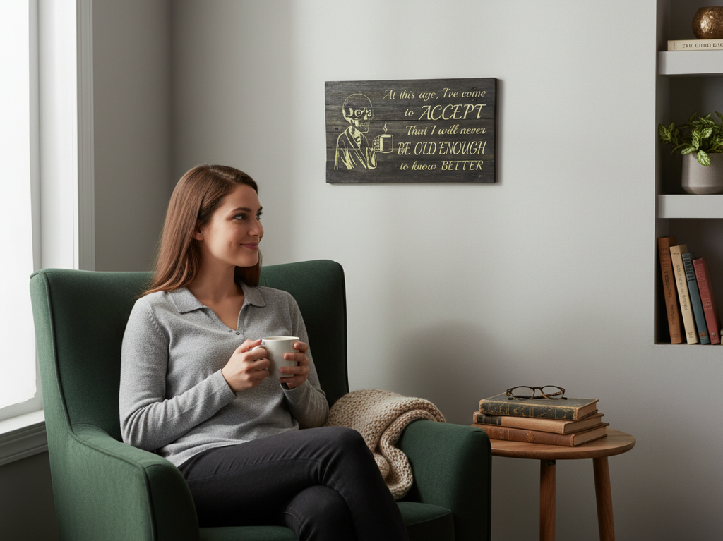 TK Wood Designs rustic wooden wall sign featuring a skeleton with coffee and a humorous quote in a cozy living room.
