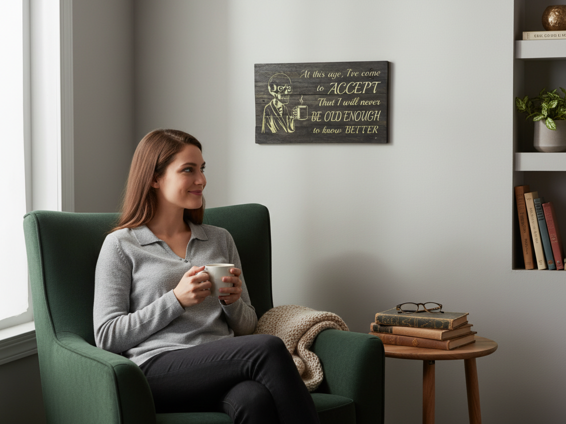 TK Wood Designs rustic wooden wall sign featuring a skeleton with coffee and a humorous quote in a cozy living room.