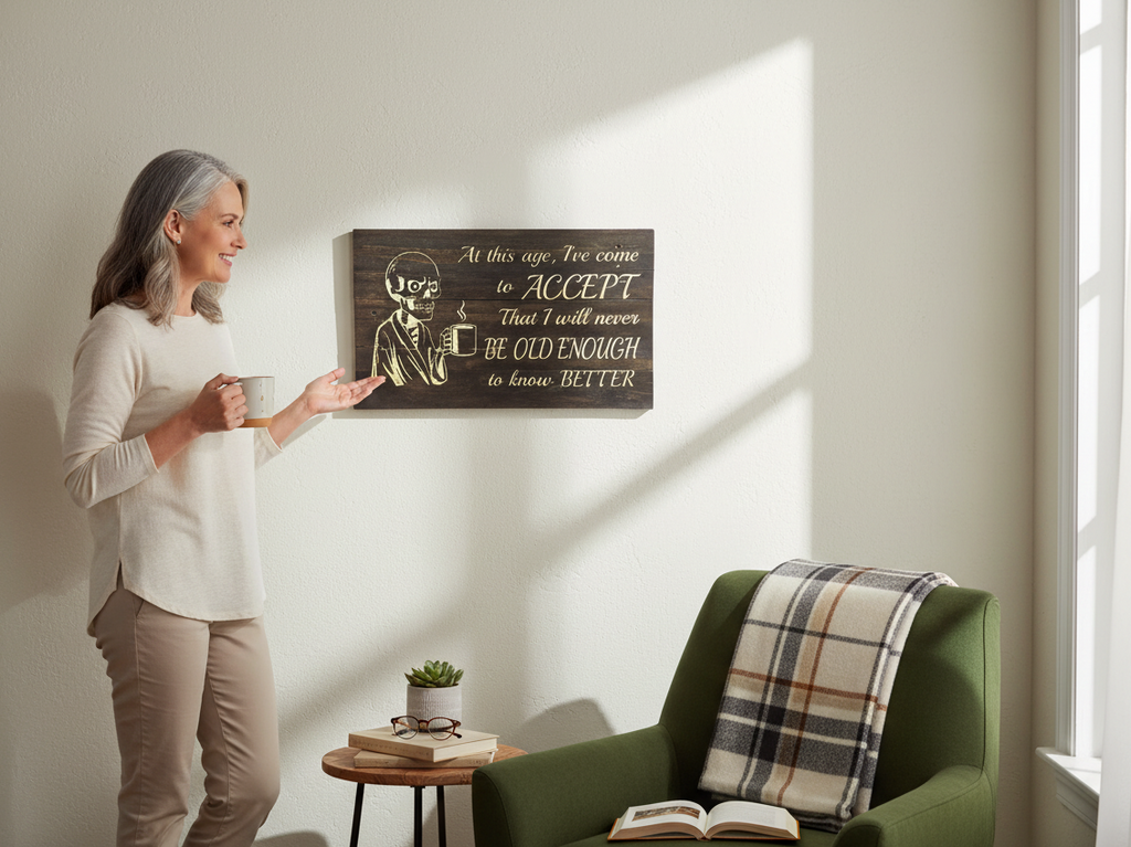TK Wood Designs rustic wooden wall sign with a skeleton drinking coffee and a humorous quote in a cozy living room.