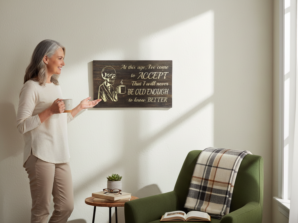 TK Wood Designs rustic wooden wall sign with a skeleton drinking coffee and a humorous quote in a cozy living room.