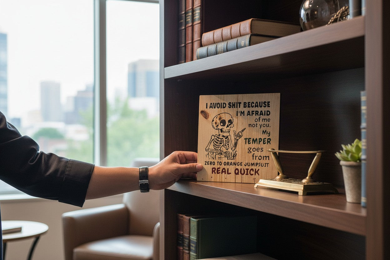 TK Wood Designs rustic wood sign with a skeleton graphic and humorous text about temper.