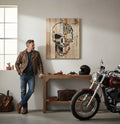 TK Wood Designs handcrafted wooden skull art with biker saying, natural wood finish.