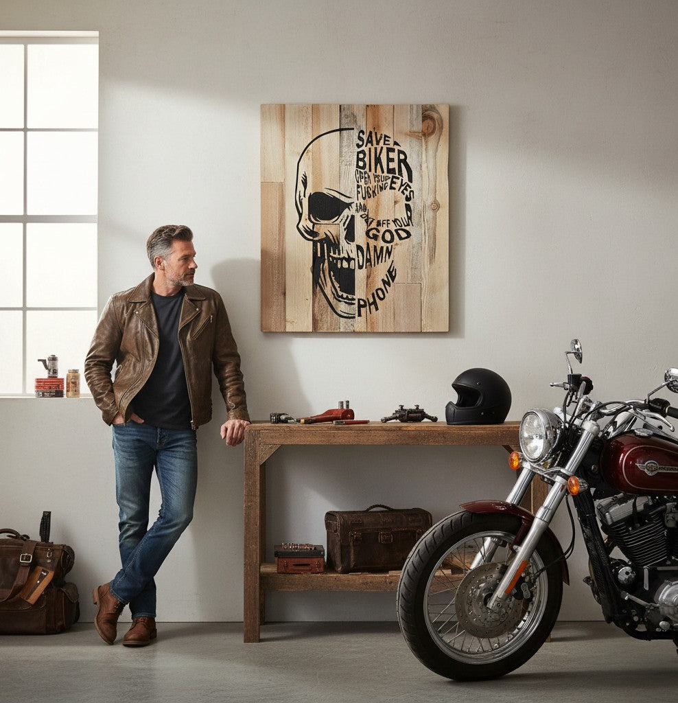 TK Wood Designs handcrafted wooden skull art with biker saying, natural wood finish.