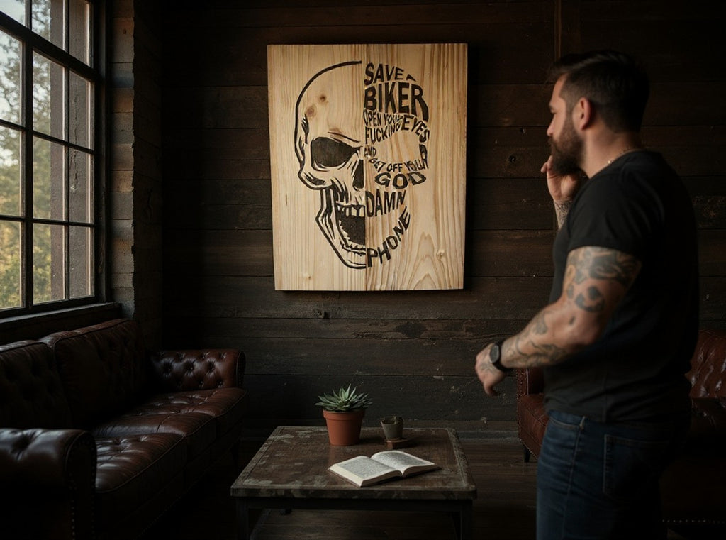 TK Wood Designs skull typography engraved wooden wall art hanging in a rustic room with a man standing nearby.