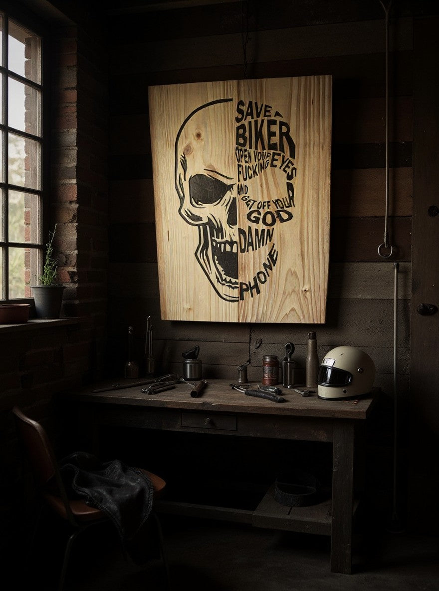 TK Wood Designs rustic wooden wall art featuring a skull silhouette with engraved typography in a workshop setting.