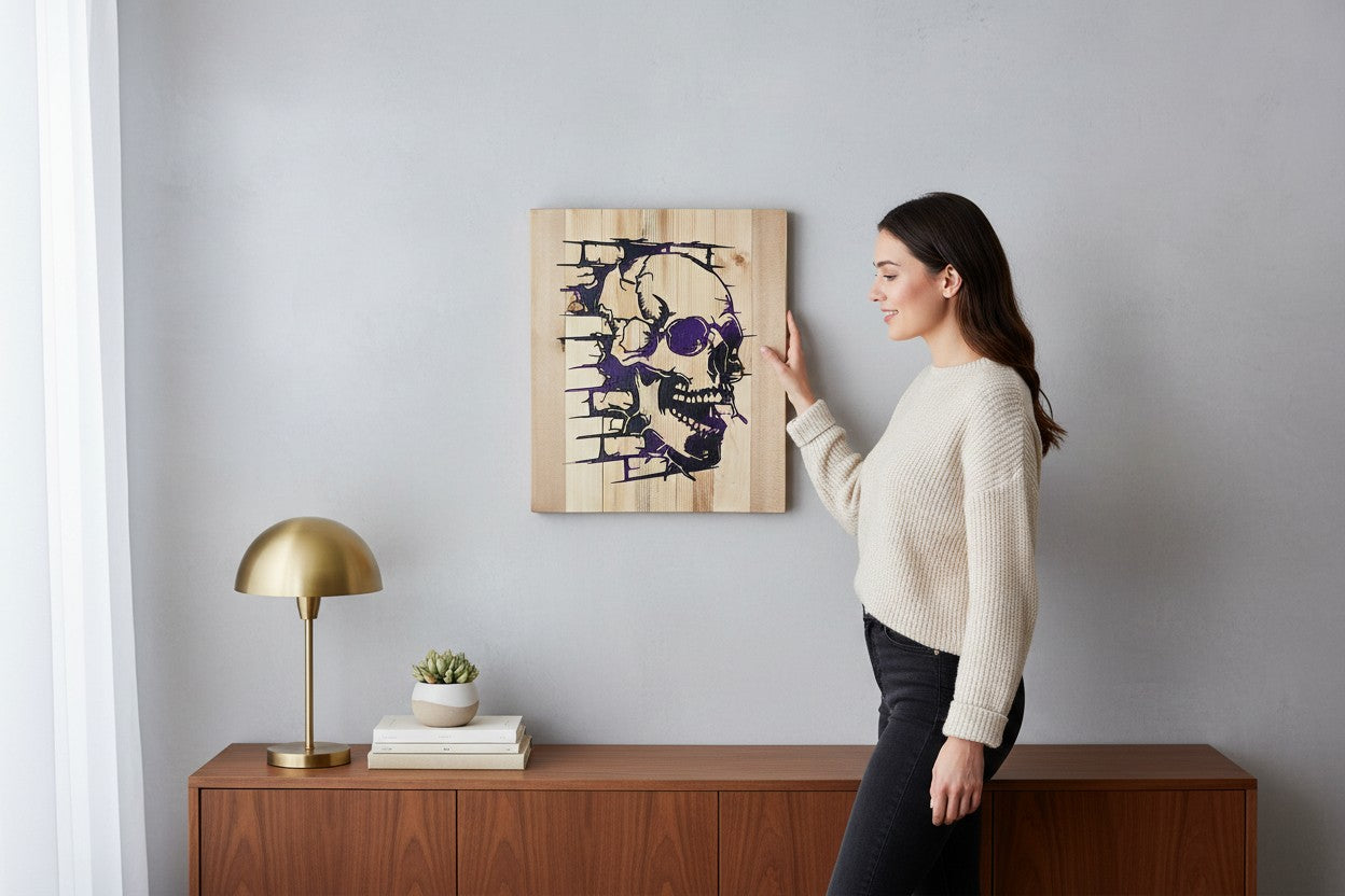 TK Wood Designs wooden wall art featuring a black and purple skull design with a brick texture effect.