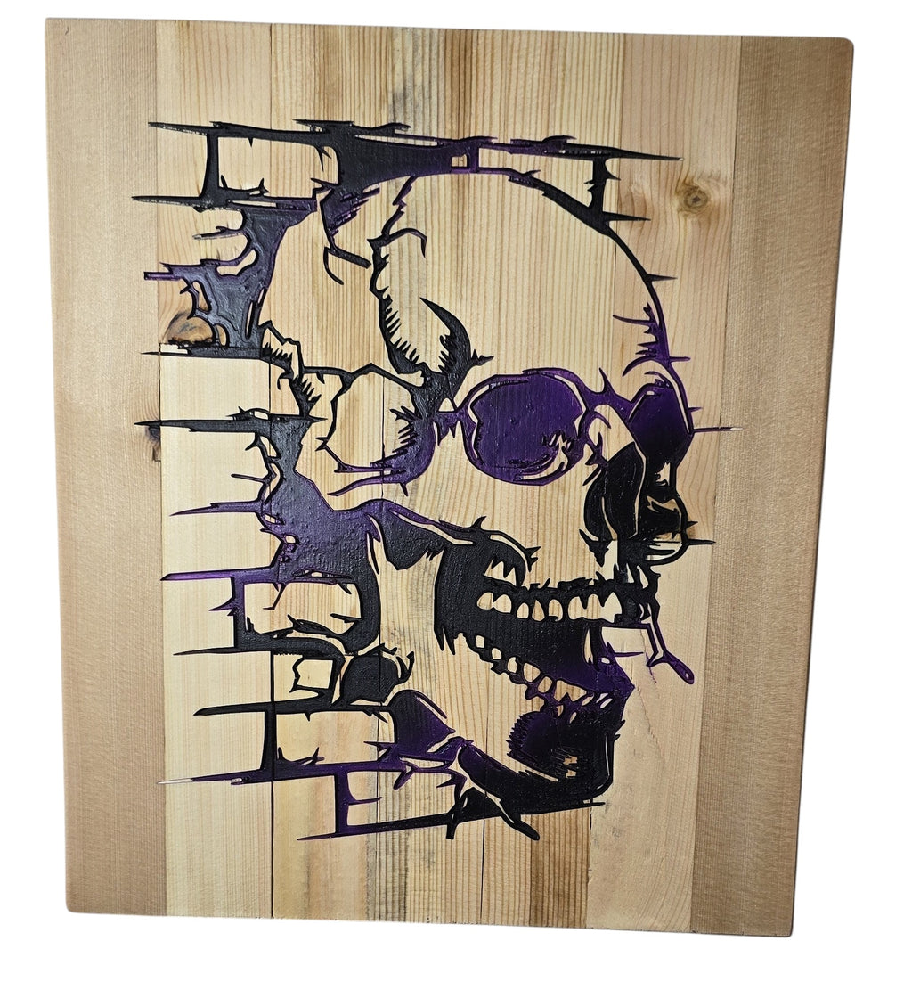 TK Wood Designs wooden wall art featuring a black and purple skull design with a brick texture effect.