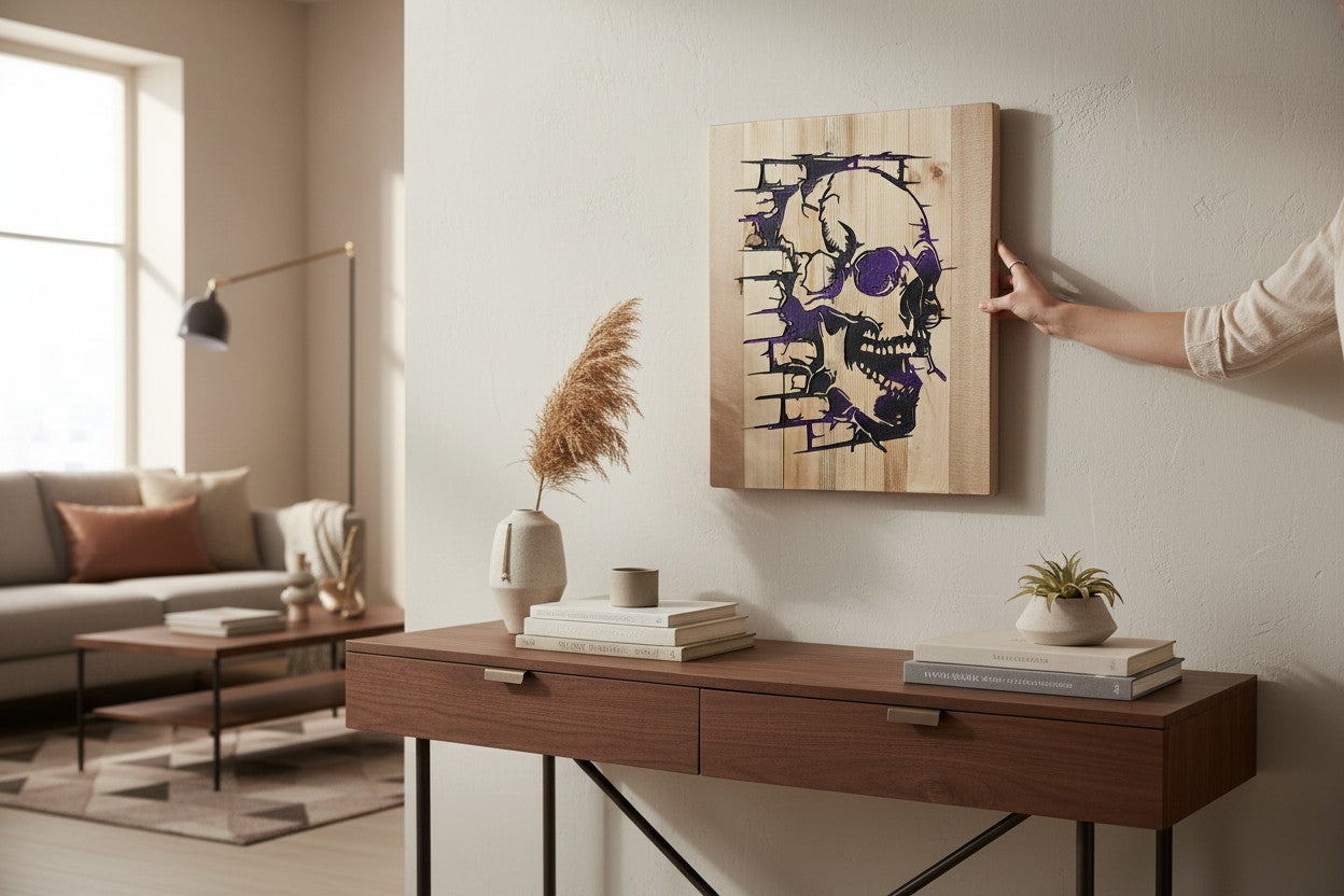 TK Wood Designs wooden wall art featuring a black and purple skull design with a brick texture effect.