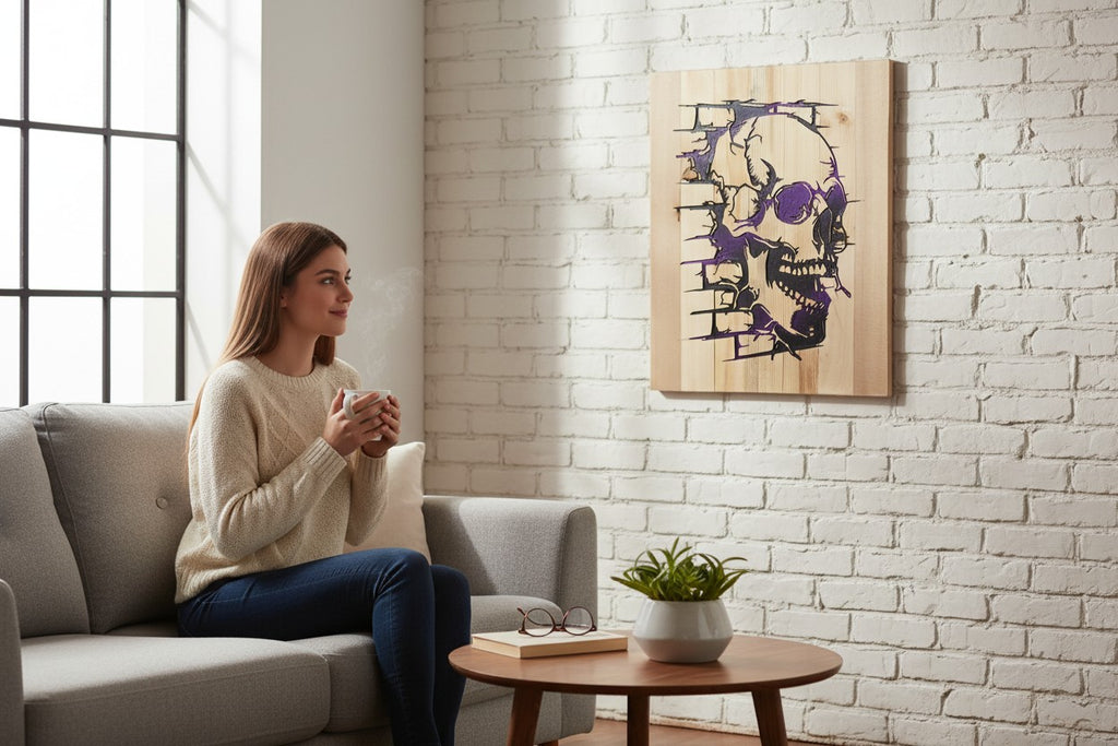 TK Wood Designs wooden wall art featuring a black and purple skull design with a brick texture effect.