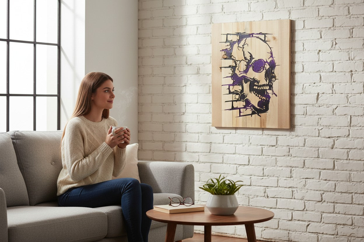 TK Wood Designs wooden wall art featuring a black and purple skull design with a brick texture effect.