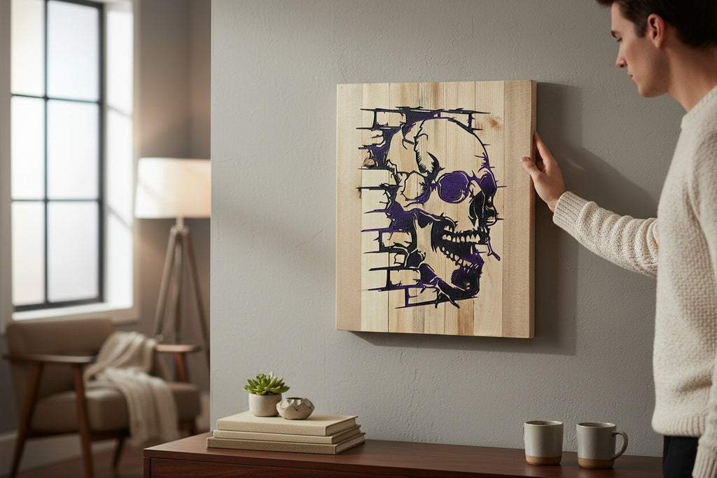 TK Wood Designs wooden wall art featuring a black and purple skull design with a brick-like texture.