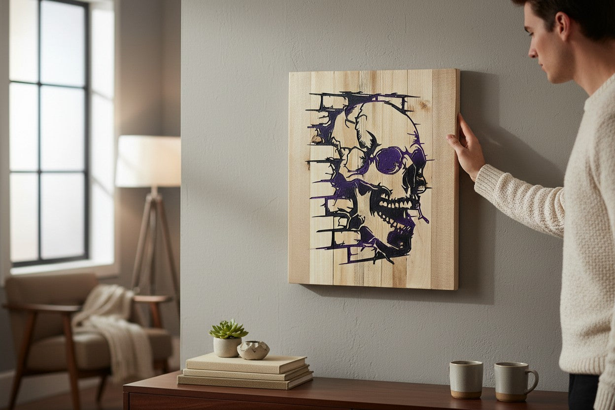 TK Wood Designs wooden wall art featuring a black and purple skull design with a brick-like texture.