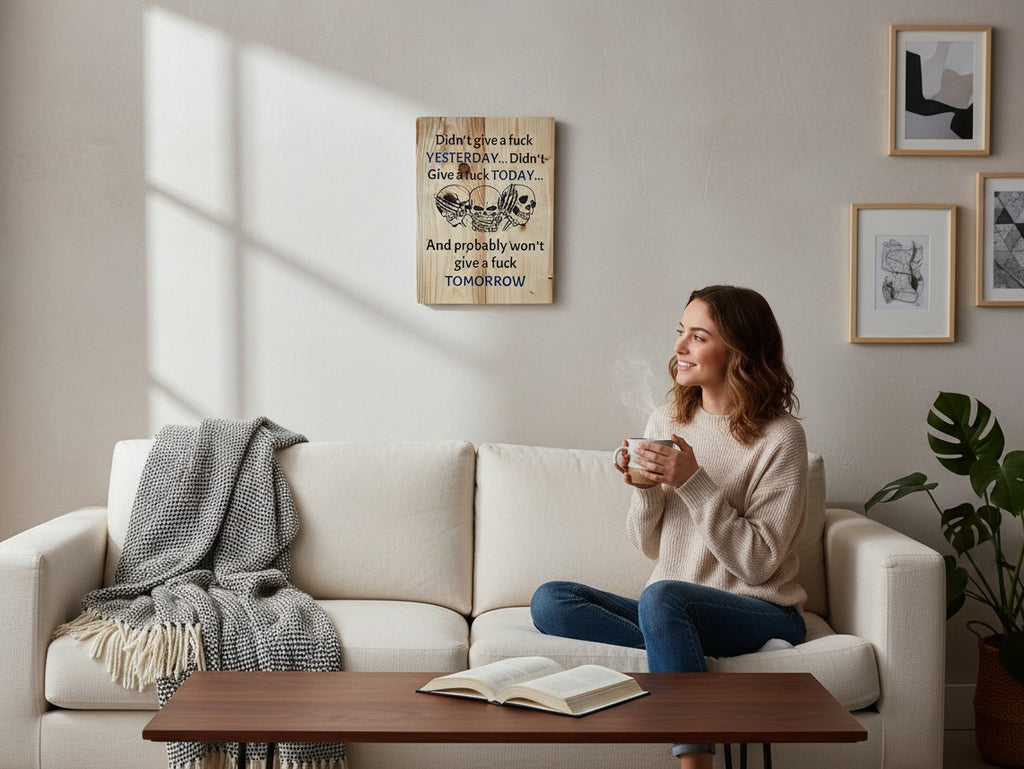 TK Wood Designs rustic wooden wall sign with skull illustration hanging above a sofa in a cozy living room