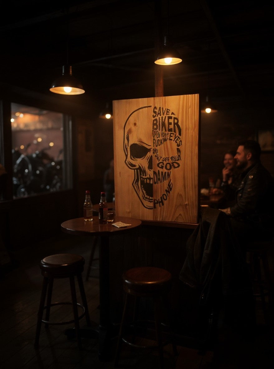 TK Wood Designs skull typography wooden wall art with a biker safety message displayed in a rustic bar setting.