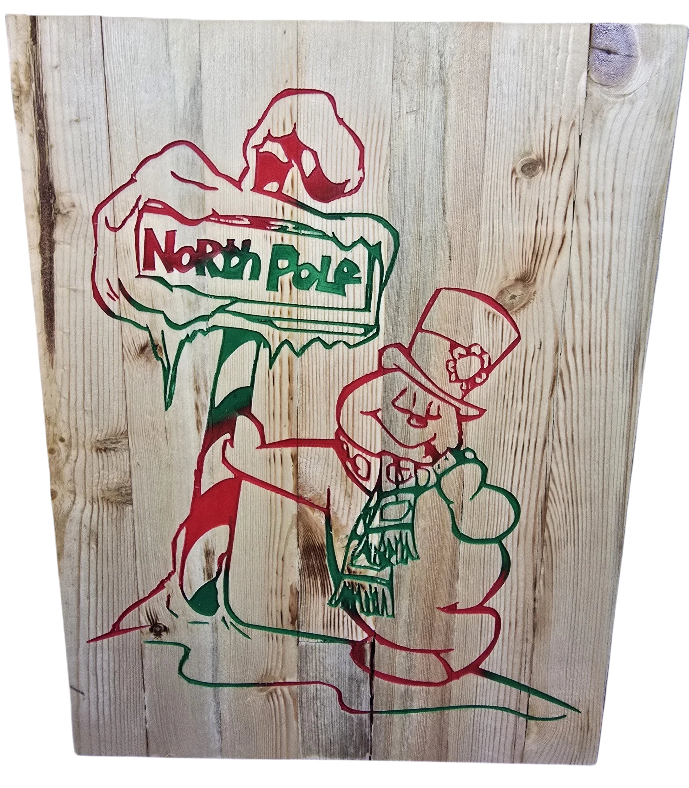 TK Wood Designs handmade rustic reclaimed wood sign with hand-painted North Pole and snowman in red and green.