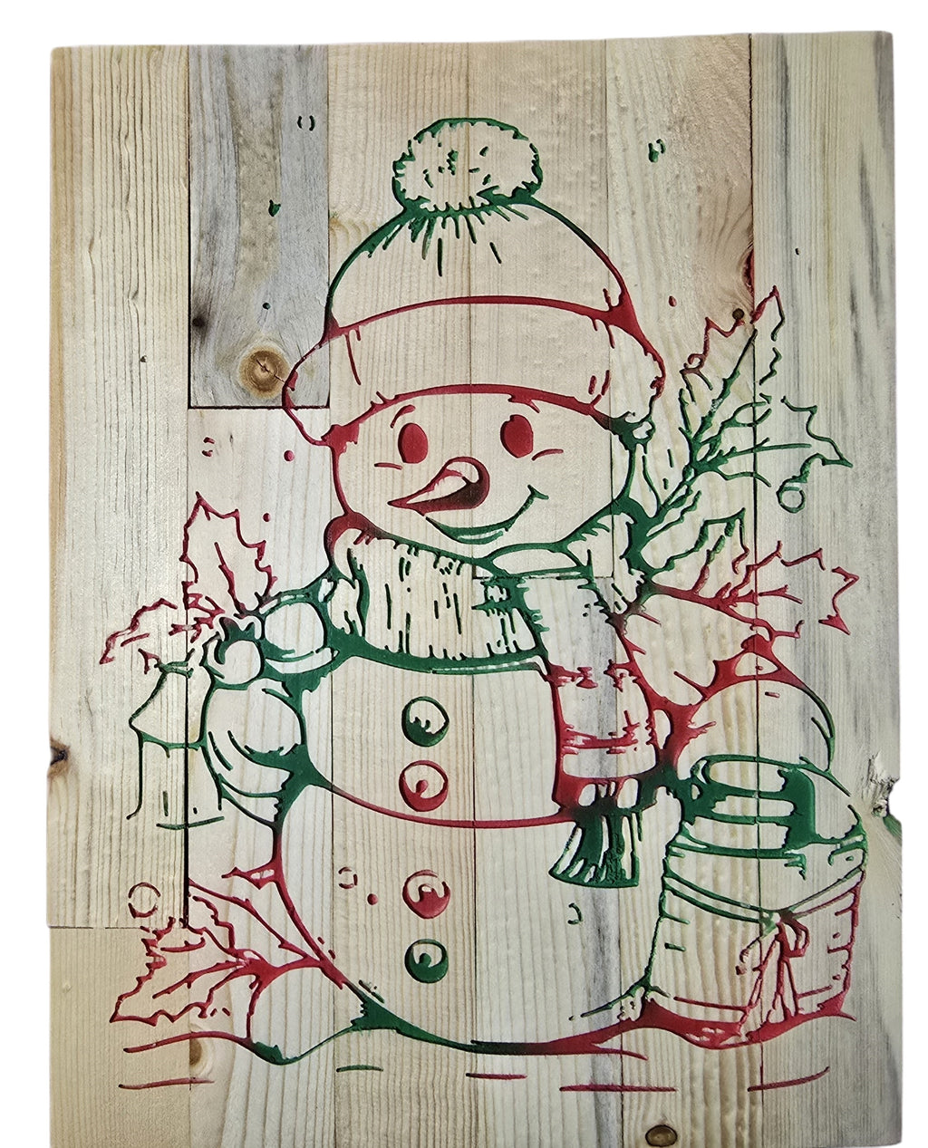 TK Wood Designs snowman sign hand-painted on reclaimed wood with red and green details, featuring snowflakes and holly.
