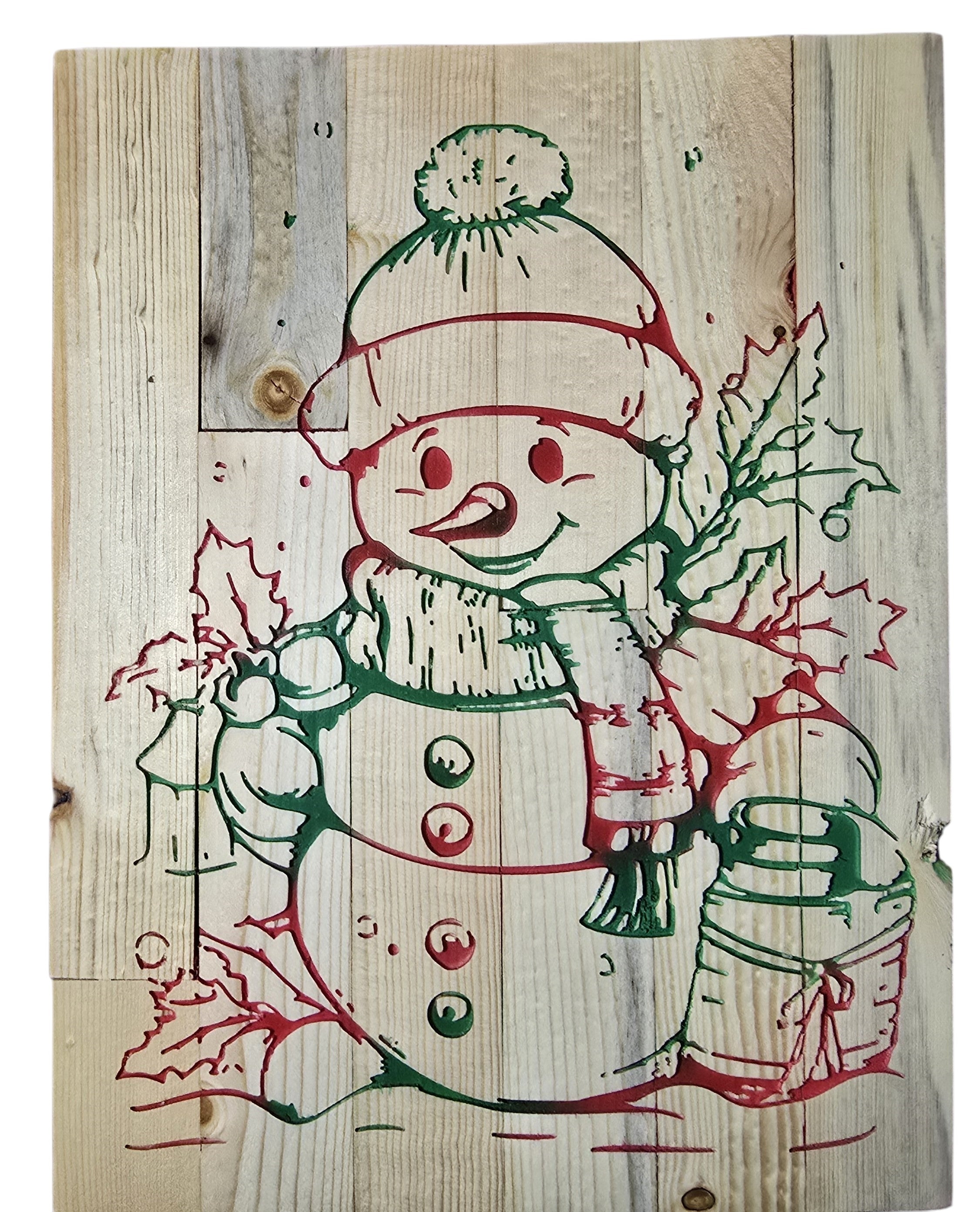 TK Wood Designs snowman sign hand-painted on reclaimed wood with red and green details, featuring snowflakes and holly.