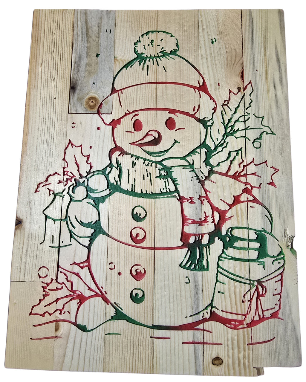 TK Wood Designs snowman sign hand-painted on reclaimed wood with red and green details, featuring snowflakes and holly.