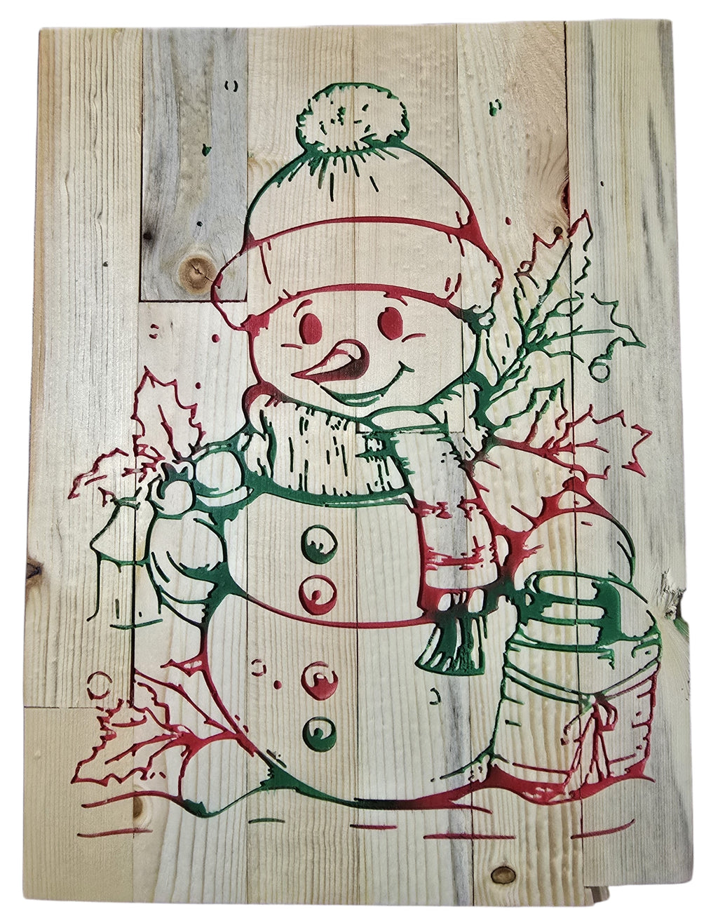 TK Wood Designs rustic snowman sign hand-painted on reclaimed wood with red and green details, featuring snowflakes and holly.