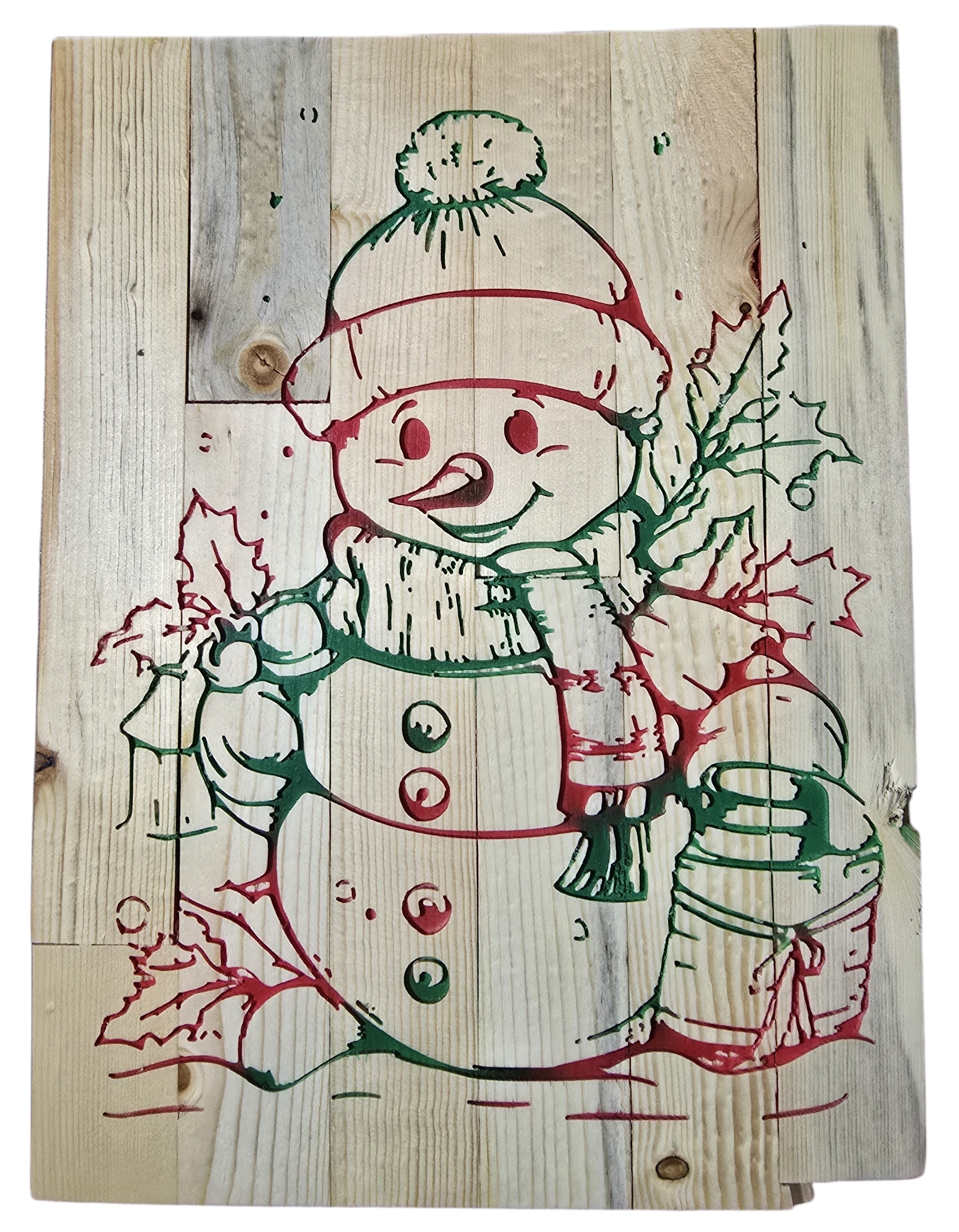 TK Wood Designs rustic snowman sign hand-painted on reclaimed wood with red and green details, featuring snowflakes and holly.