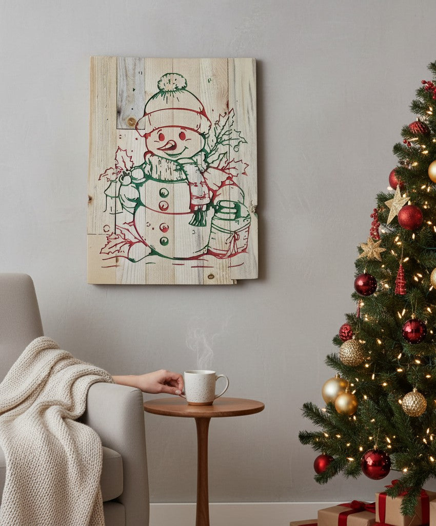 TK Wood Designs snowman sign hand-painted on reclaimed wood with red and green details, featuring holly and snowflakes.