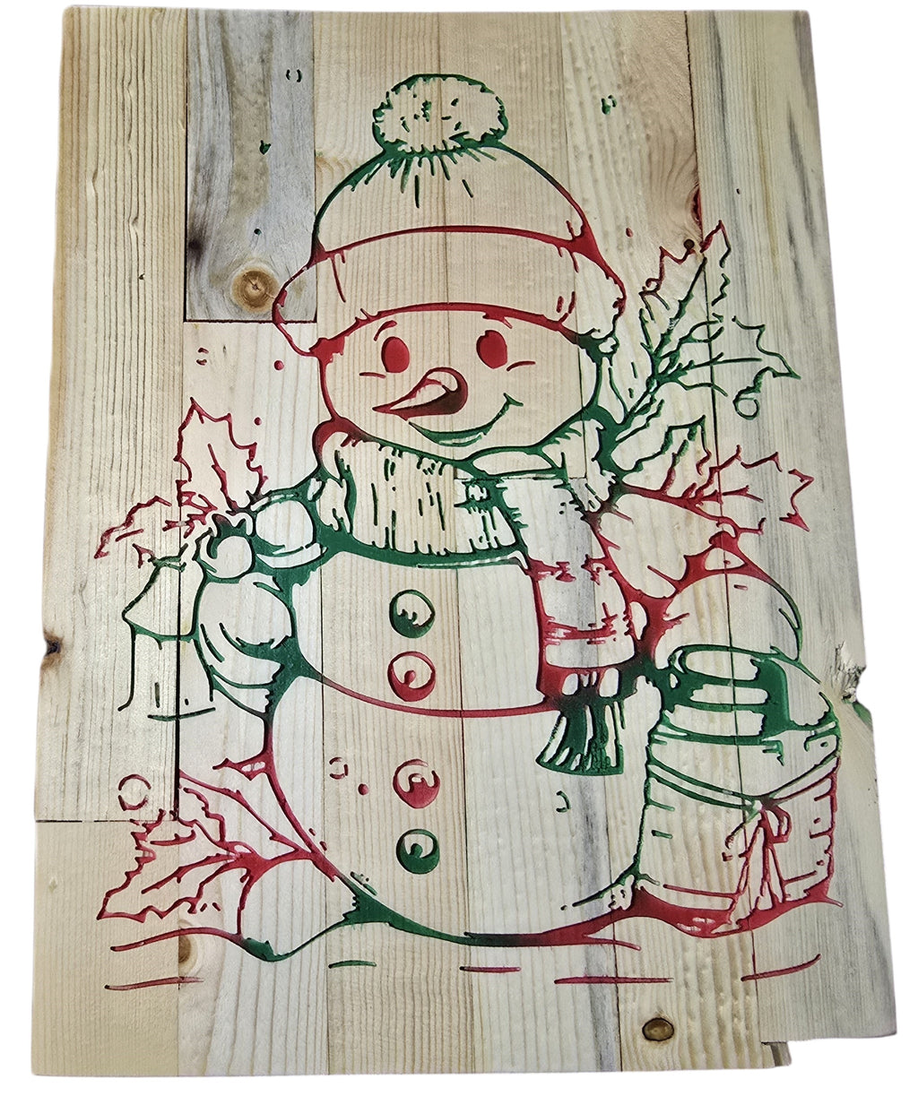 TK Wood Designs snowman sign hand-painted on reclaimed wood with red and green details, featuring holly and snowflakes.