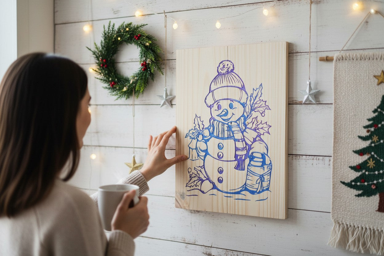 TK Wood Designs decorative wooden wall plaque featuring a shimmering iridescent snowman illustration in a cozy room.