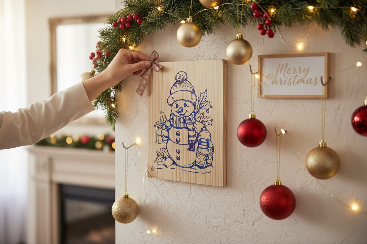 TK Wood Designs wooden wall plaque featuring a blue line-art snowman illustration, hung on a festive holiday wall.
