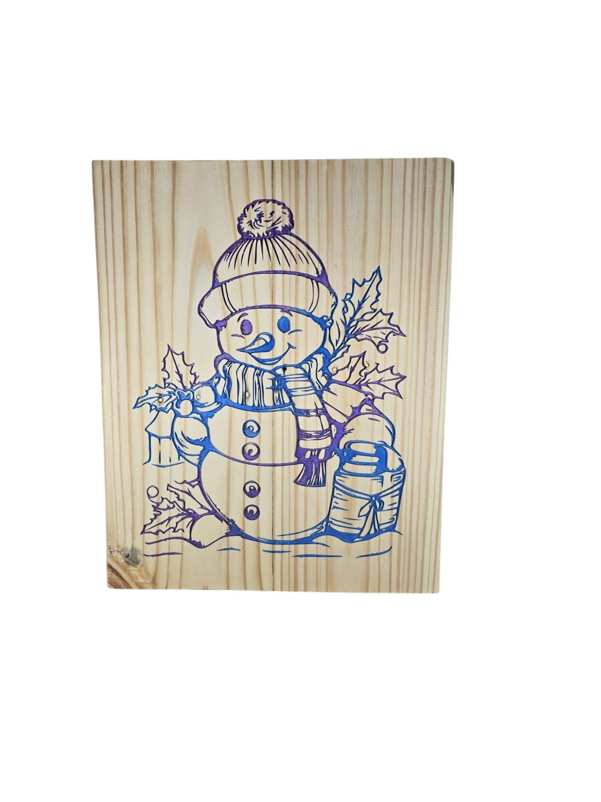 TK Wood Designs rustic wooden wall plaque featuring an iridescent line-art snowman illustration for holiday decor.