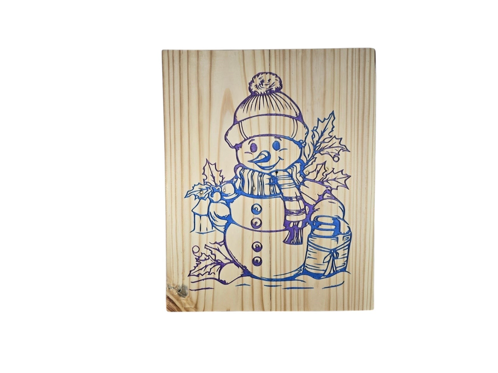 TK Wood Designs decorative wooden wall plaque featuring an iridescent line-art snowman illustration for the holidays.