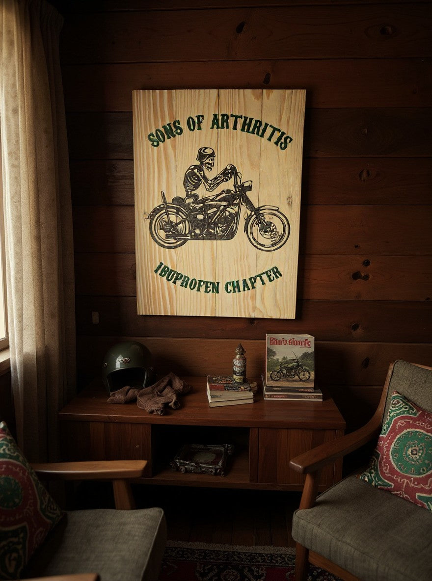 TK Wood Designs Sons of Arthritis Ibuprofen Chapter wooden wall sign featuring a skeleton rider on a motorcycle