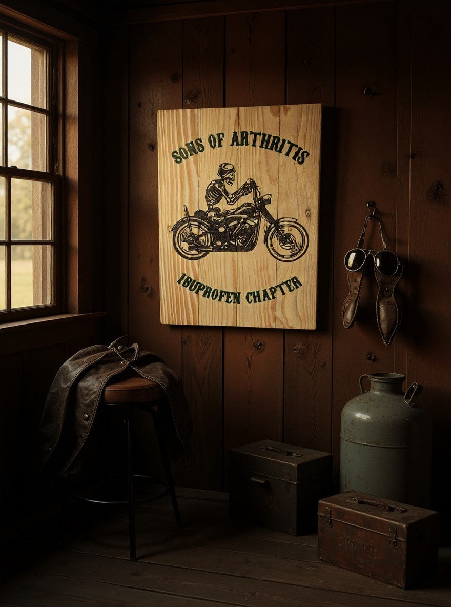 TK Wood Designs Sons of Arthritis wooden wall sign featuring a skeleton biker graphic on rustic natural wood planks.