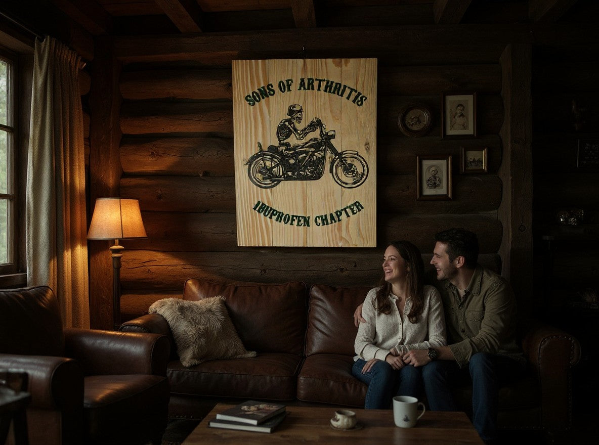 TK Wood Designs Sons of Arthritis wooden wall sign featuring a skeleton biker graphic hanging in a rustic living room.