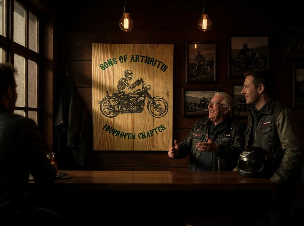 TK Wood Designs rustic wooden wall sign featuring a skeleton biker graphic hanging in a dimly lit garage bar setting.